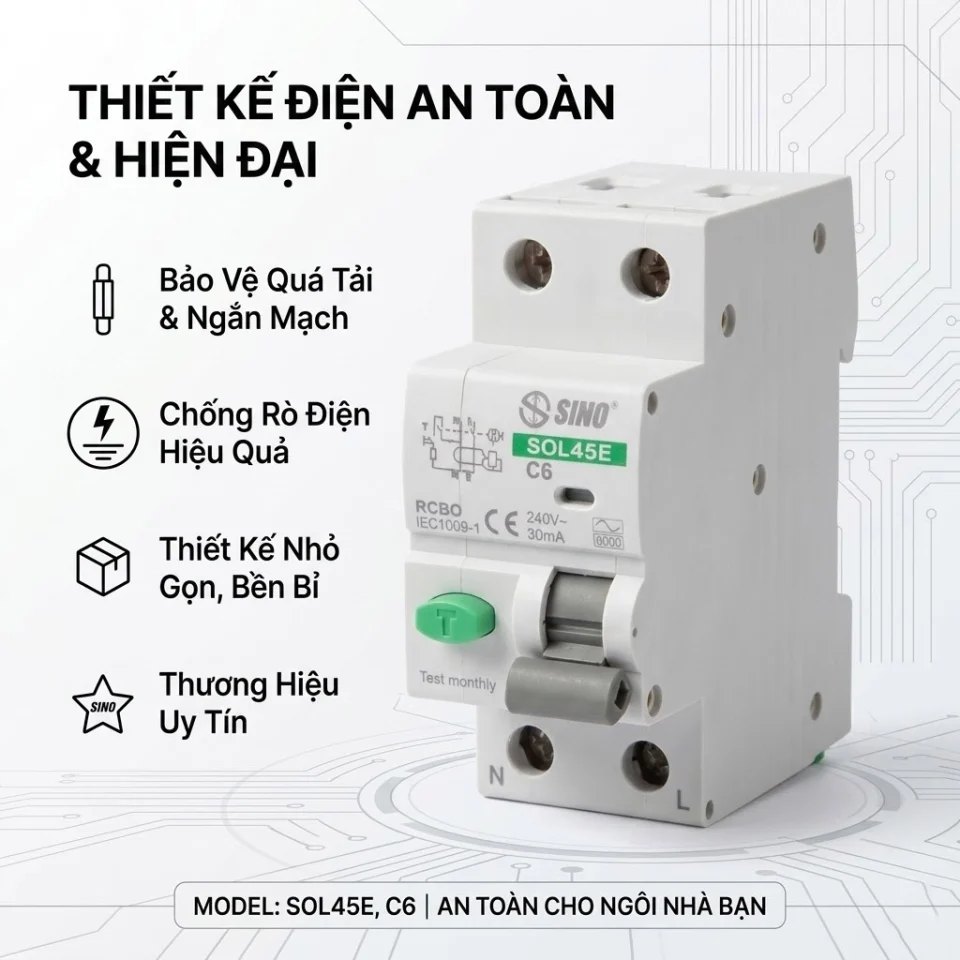 Aptomat Chống Dòng Rò RCBO SOL45E 2 Cực (16-63A, 30mA)