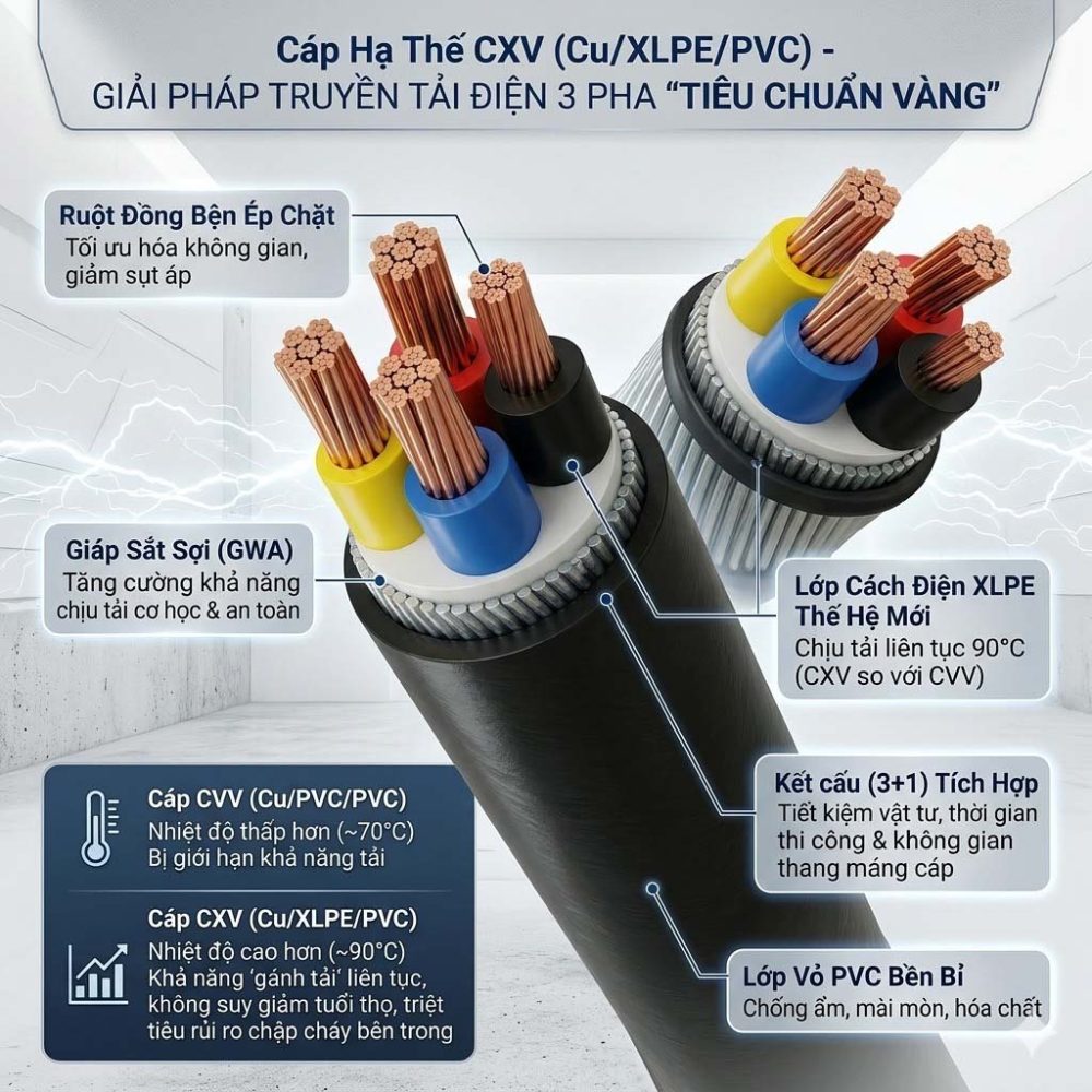 Cáp điện 3+1 lõi hạ thế CXV Cu/XLPE/PVC
