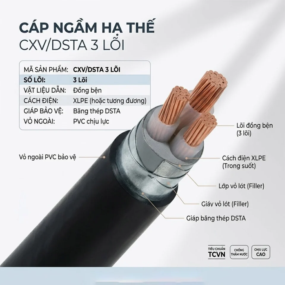 thông số Cáp ngầm 3 lõi hạ thế CXV