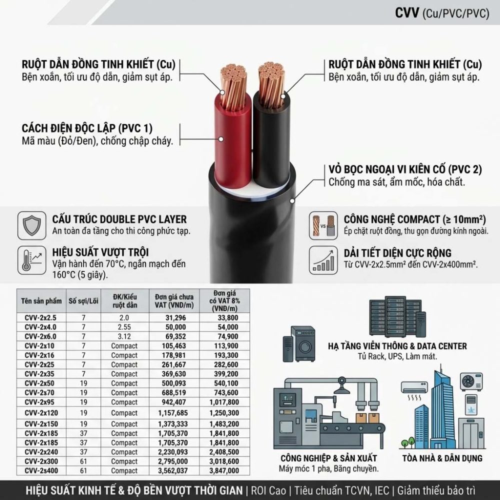 Cáp Điện 2 Lõi Hạ Thế CVV (Cu/PVC/PVC)