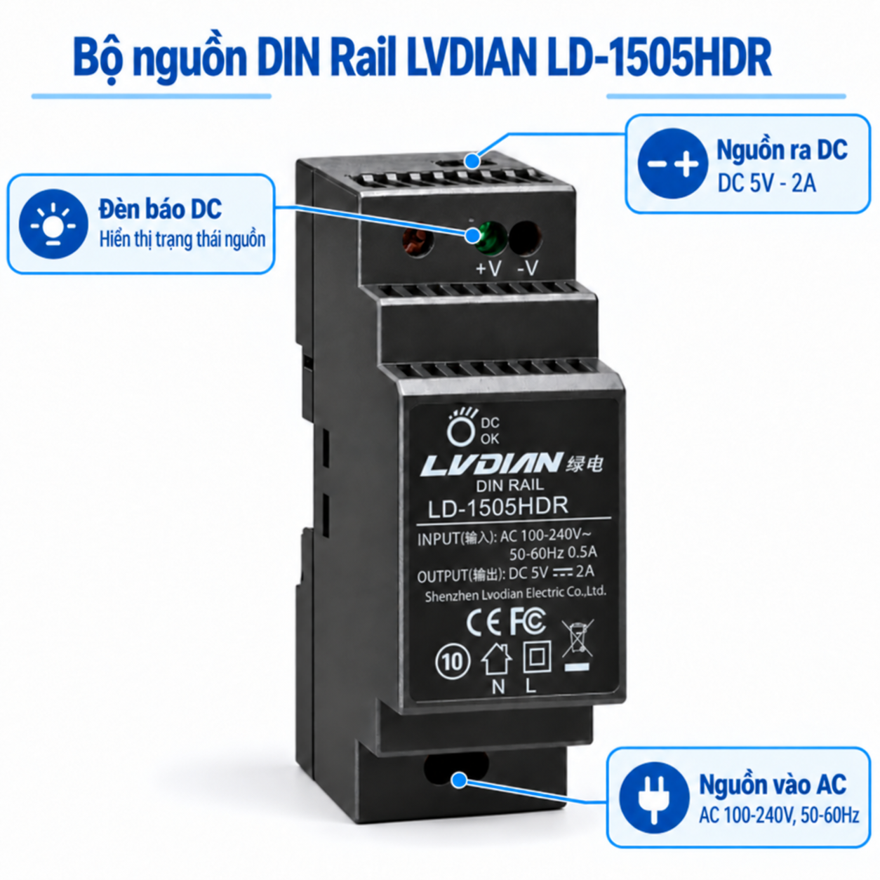 Bộ Nguồn Gắn Thanh Rail HDTEC 5V 2A 10W LD-1505HDR (ảnh chi tiết)