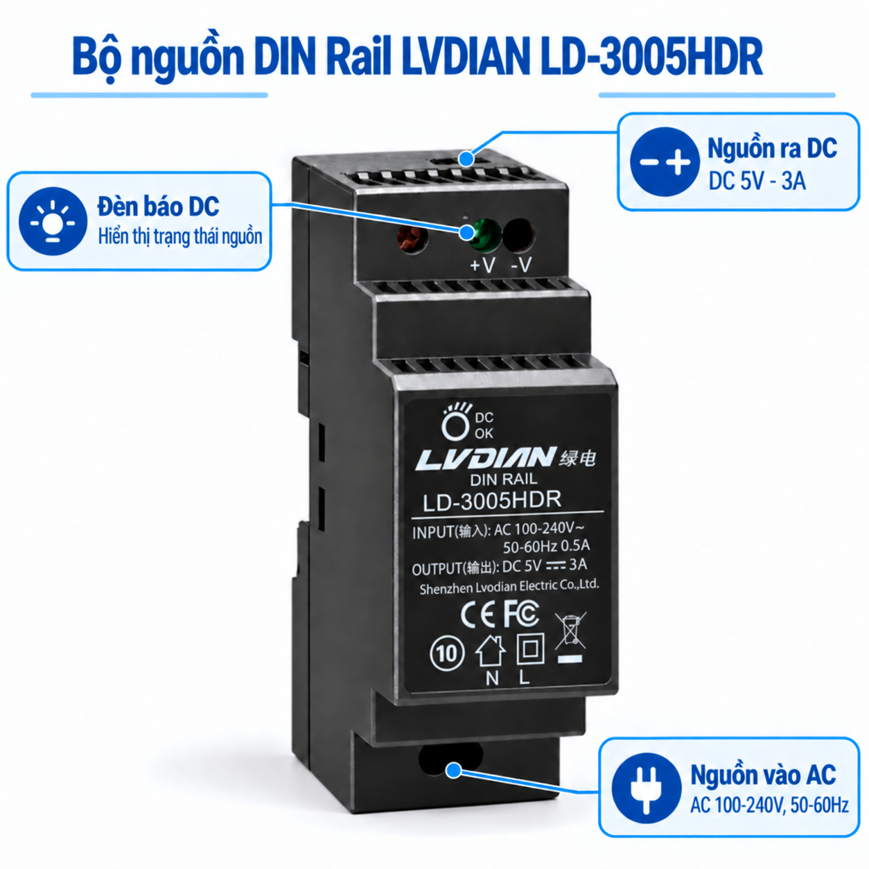 Bộ Nguồn Gắn Thanh Rail HDTEC 5V 3A 15W LD-3005HDR (ảnh kỹ thuật)