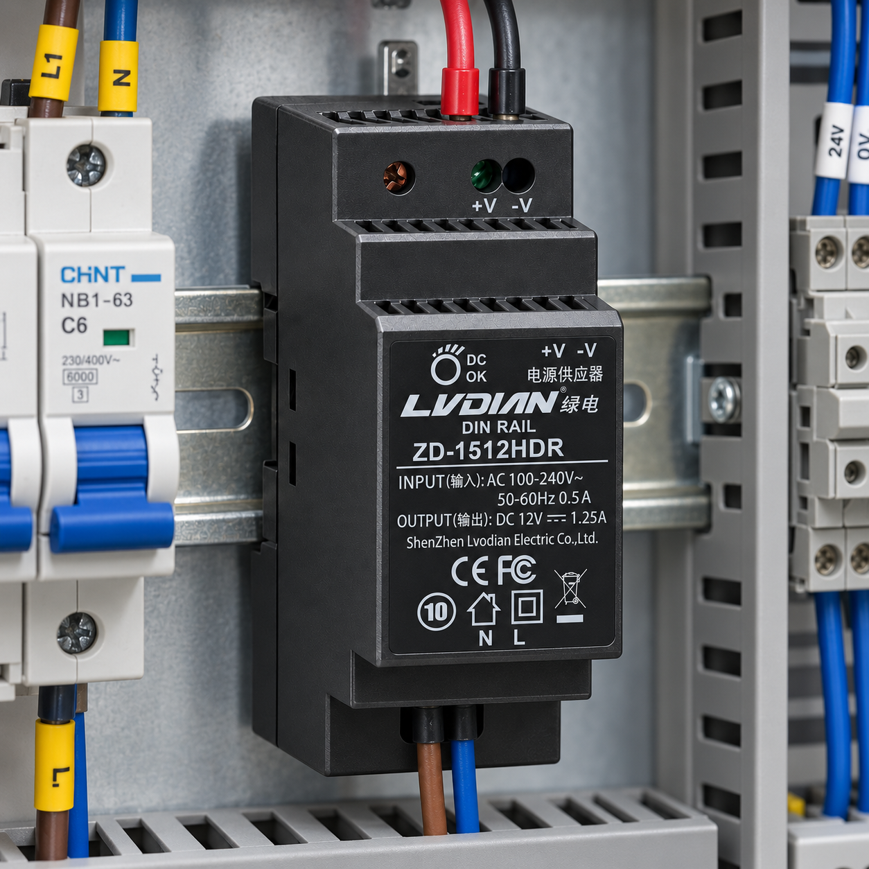Bộ Nguồn Gắn Thanh Rail HDTEC DC 12V 1,25A 15W ZD-1512HDR (ảnh thực tế)