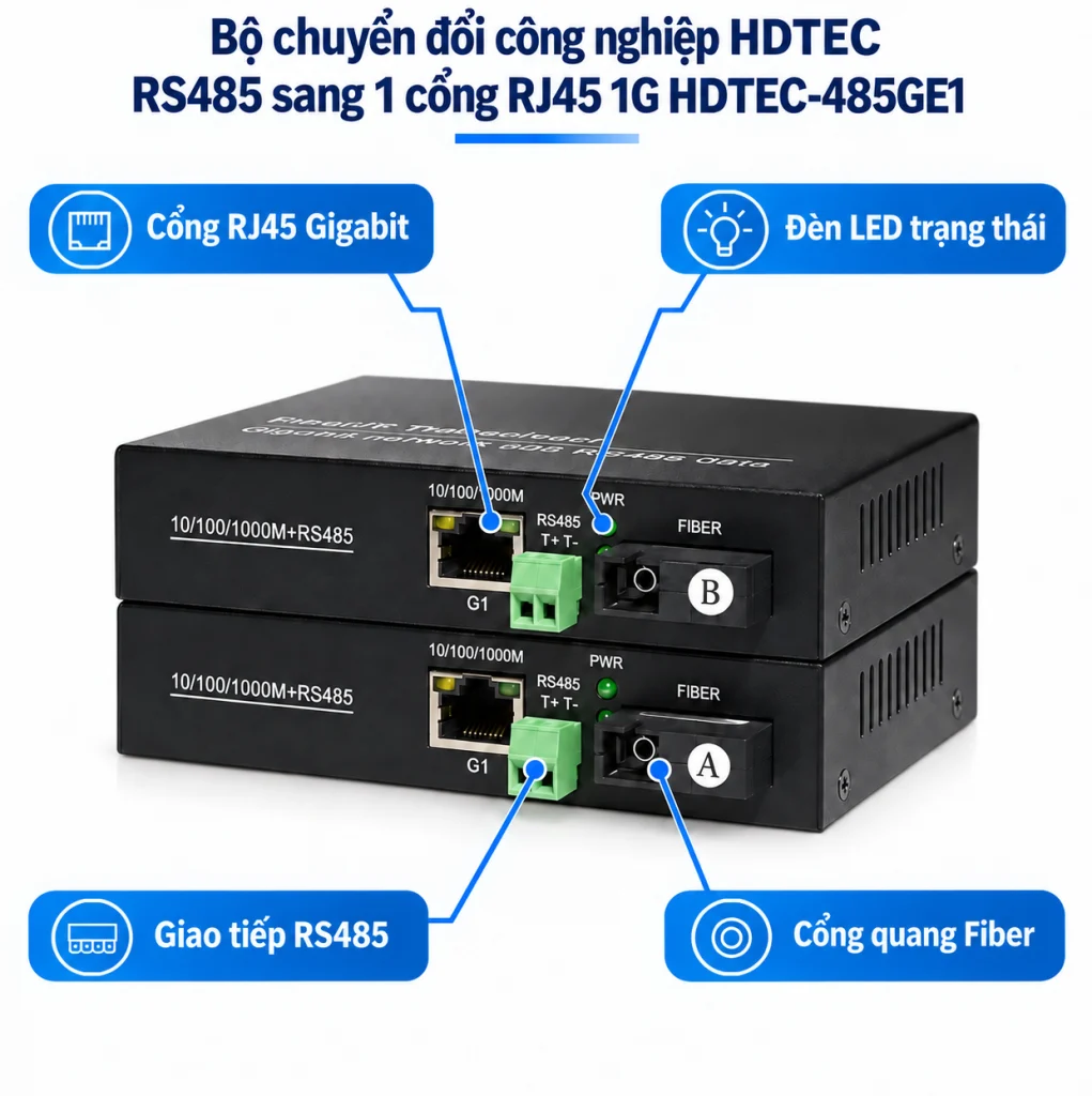 Bộ chuyển đổi công nghiệp HDTEC RS485 sang 1 cổng RJ45 1G HDTEC-485GE1 (ảnh chi tiết)