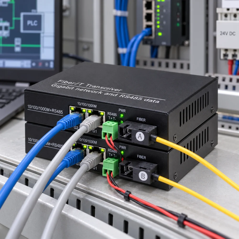 Bộ chuyển đổi công nghiệp HDTEC RS485 sang 2 cổng RJ45 1G HDTEC-485GE2 (ảnh thực tế)