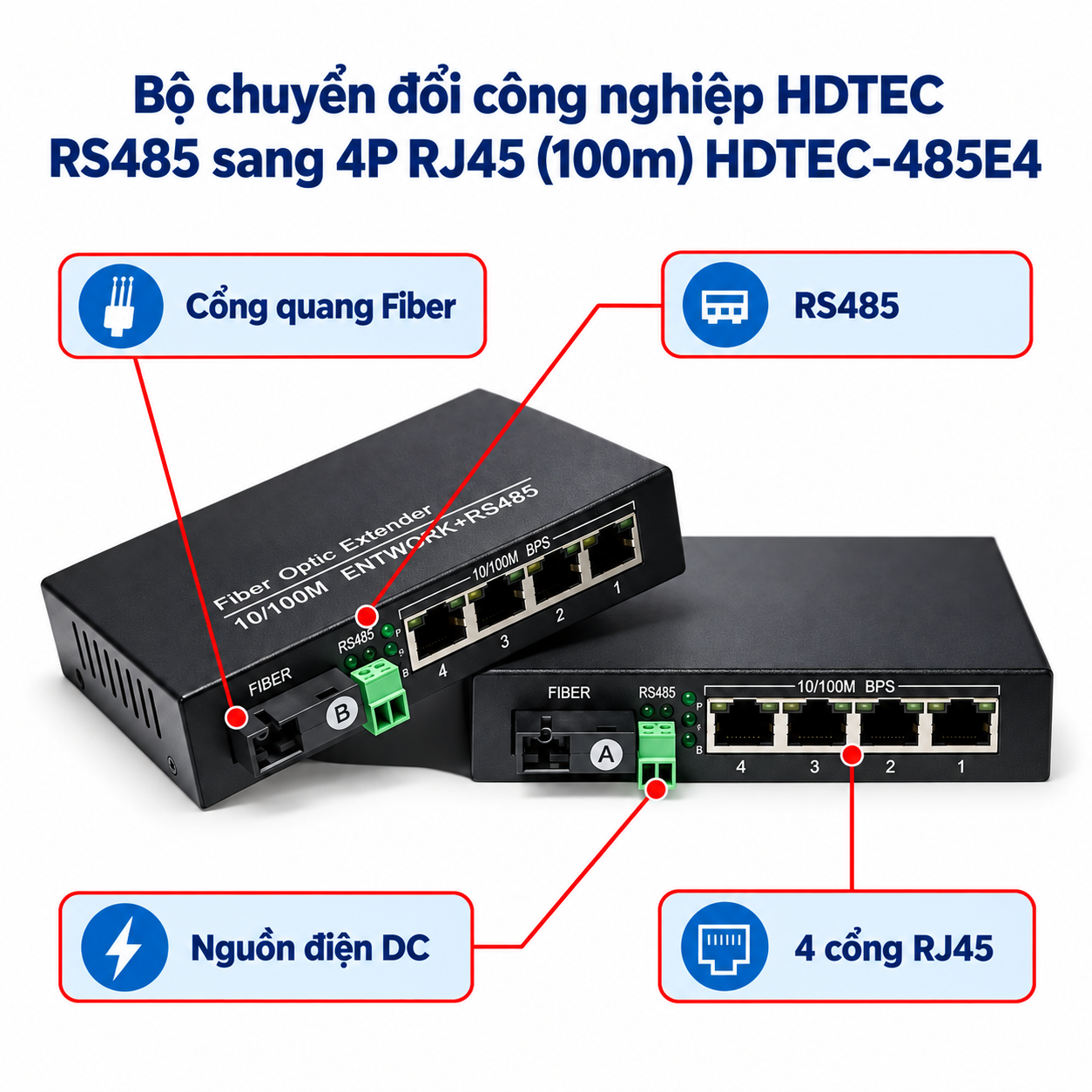 Bộ chuyển đổi công nghiệp HDTEC RS485 sang 4P RJ45 (100m) HDTEC-485E4 (ảnh chi tiết)1