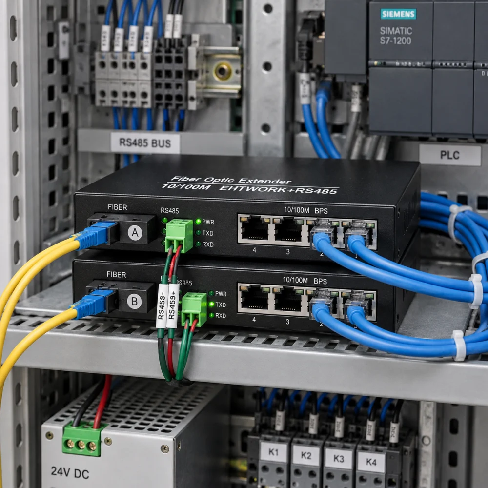Bộ chuyển đổi công nghiệp HDTEC RS485 sang 4P RJ45 (100m) HDTEC-485E4 (ảnh thực tế)