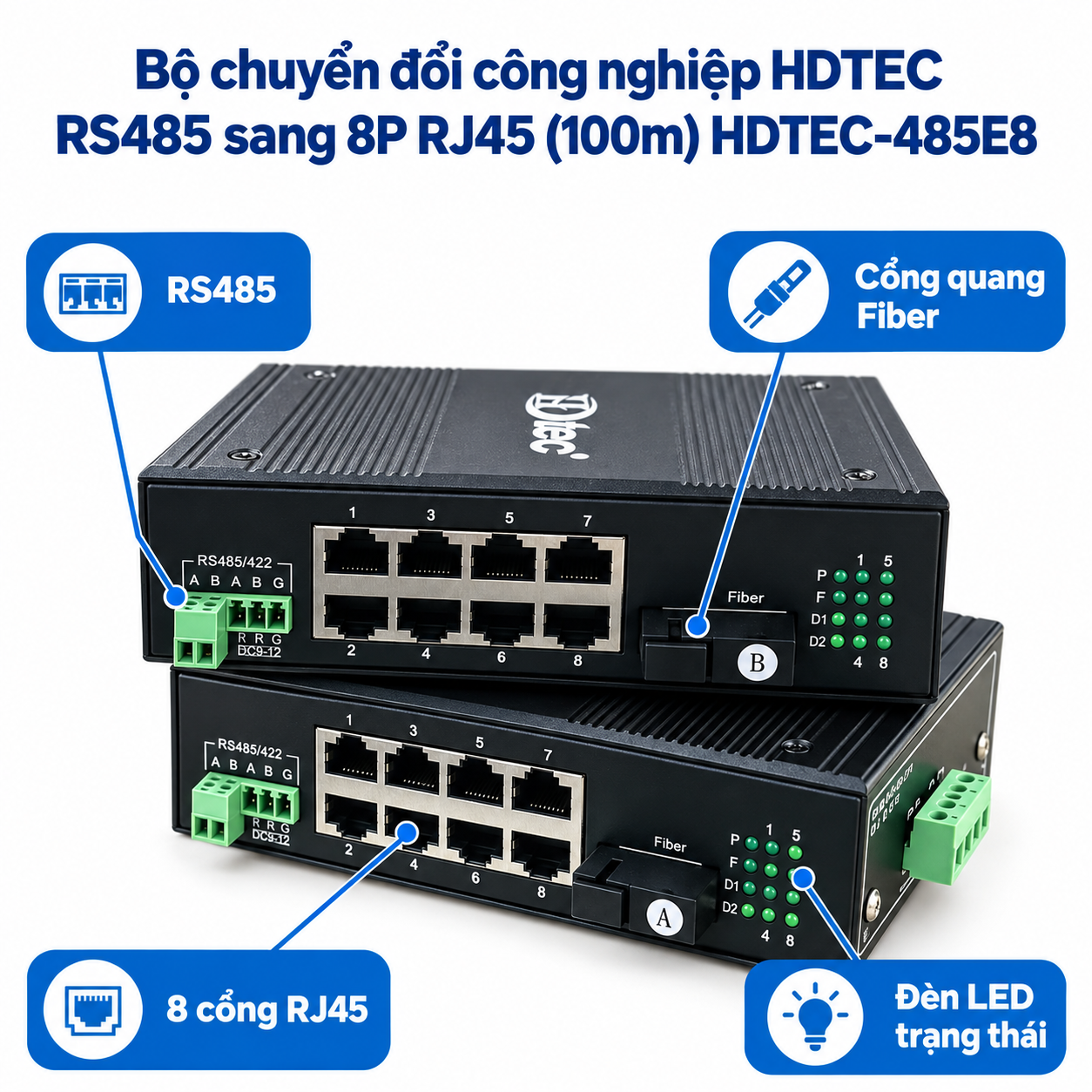 Bộ chuyển đổi công nghiệp HDTEC RS485 sang 8P RJ45 (100m) HDTEC-485E8 (ảnh chi tiết)