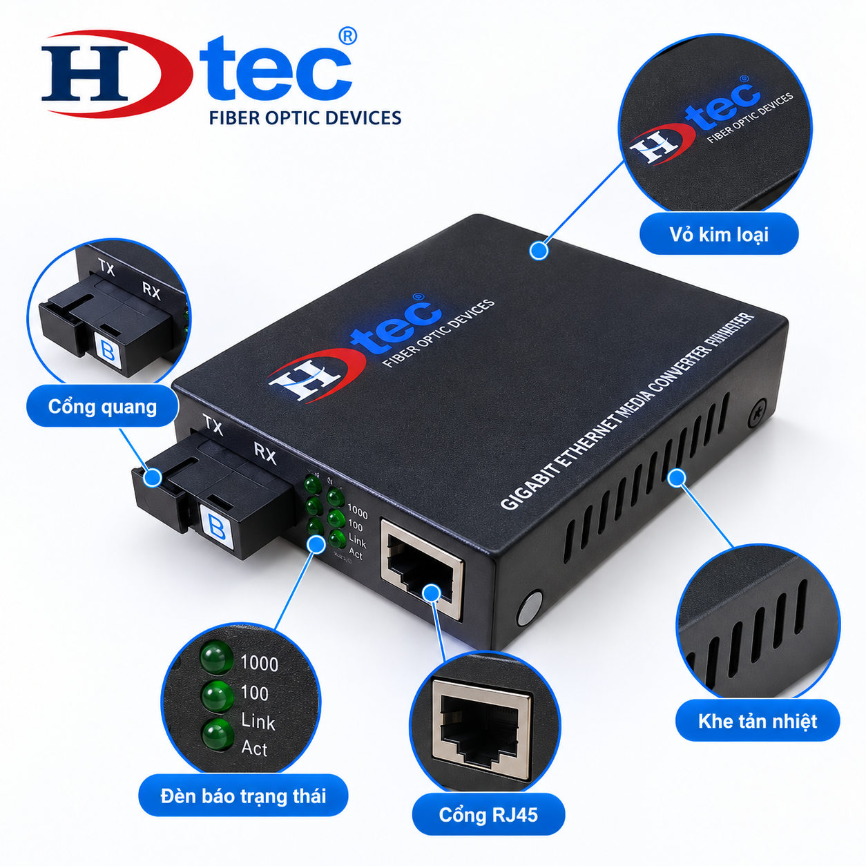 HDTEC Fiber Switch PoE 1 Port 1G (ảnh kỹ thuật sản phẩm)