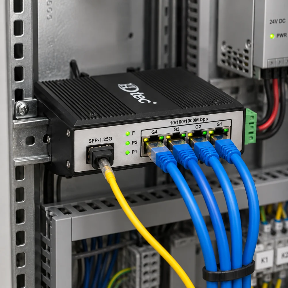 Switch Quang Công Nghiệp 1 Cổng SFP, 4 Cổng RJ45 (Ảnh Thực Tế)