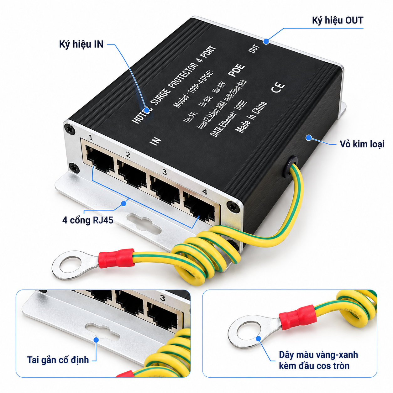 Switch chống sét và bảo vệ 4 cổng mạng RJ45 _ POE 1G HDTEC (ảnh chi tiết sản phẩm)