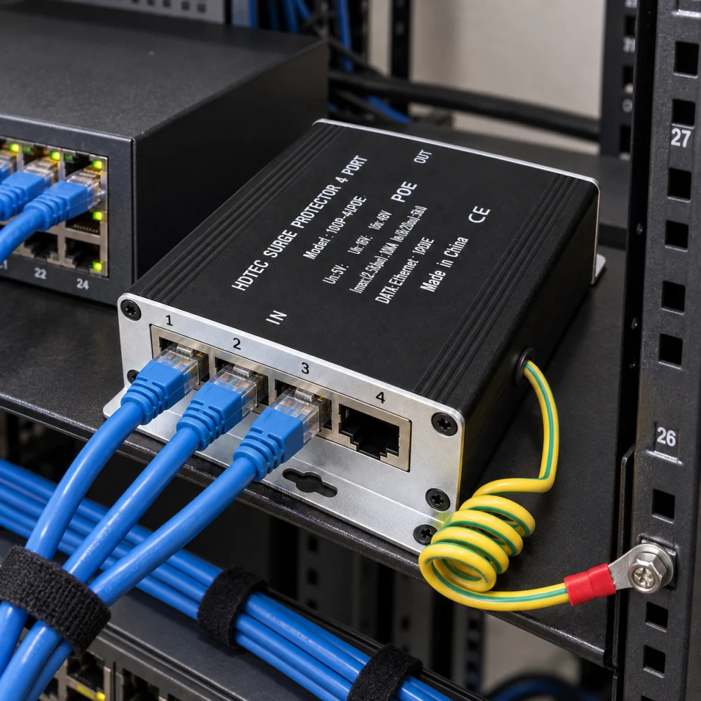 Switch chống sét và bảo vệ 4 cổng mạng RJ45 _ POE 1G HDTEC (ảnh thực tế sản phẩm)