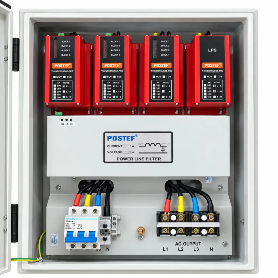 Tủ cắt lọc sét 3 pha 200A POSTEF LPS34-200-200kA bên trong