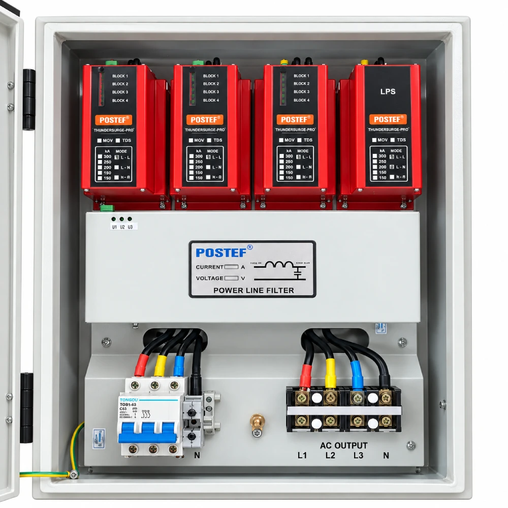 Tủ cắt lọc sét 3 pha 200A POSTEF LPS34-200-200kA bên trong