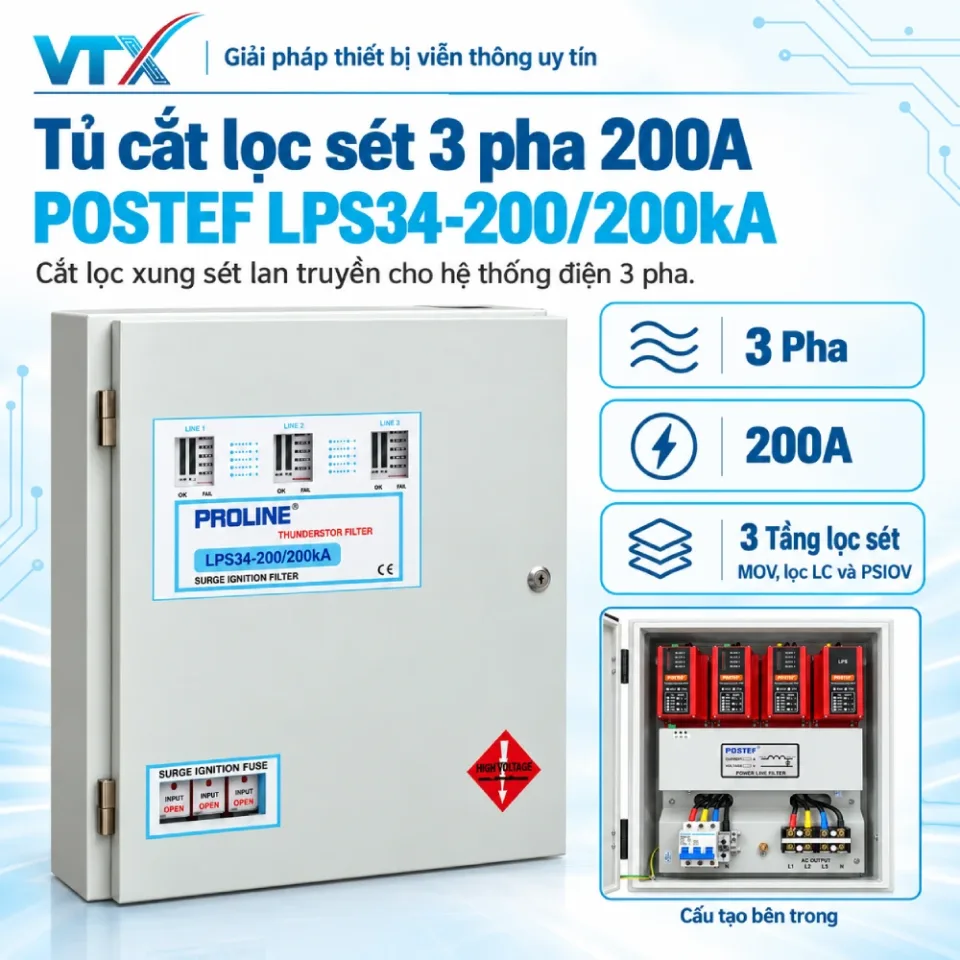 Tủ cắt lọc sét 3 pha 200A POSTEF LPS34-200-200kA tính năng