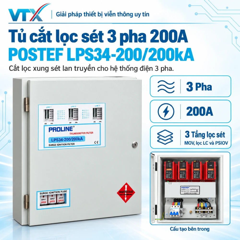 Tủ cắt lọc sét 3 pha 200A POSTEF LPS34-200-200kA tính năng
