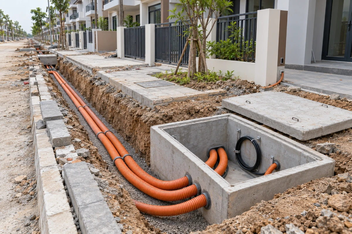 minh họa bố trí ống luồn cáp quang FTTH